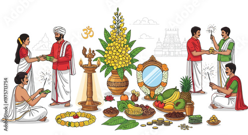 Indian festival celebration with traditional clothing food and religious symbols