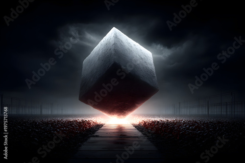 Abstract surreal image of a large glowing stone cube floating over a dark path