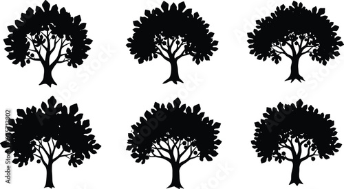 Silhouette tree collection, black vector illustration, dense canopy design, botanical art, nature landscape, forest shape, organic plant, outdoor, woodland, ecology