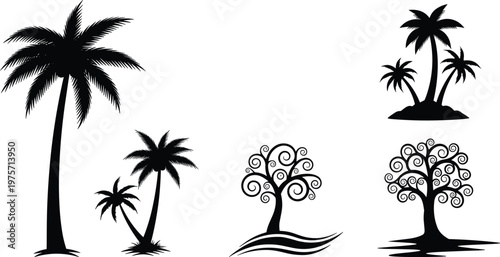 Palm tree silhouettes, tropical island icons, stylized tree designs, black botanical art, decorative forest symbols, seasonal nature illustration, creative landscape artwork