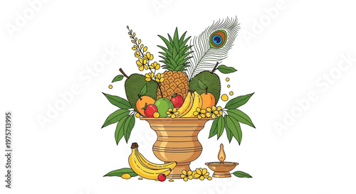 A colorful still life featuring tropical fruits a peacock feather and a vase