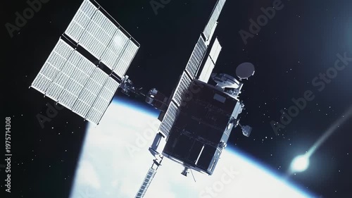 Satellite with solar panels and antenna in space, orbiting earth and providing essential infrastructure for global communication, internet, and data transmission services