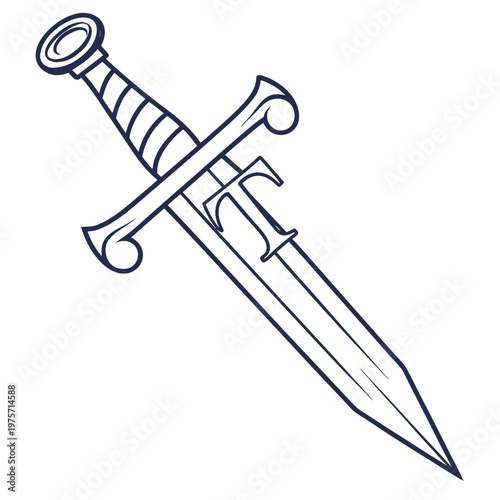 Medieval sword line art illustration with medieval weaponry historic fighting
