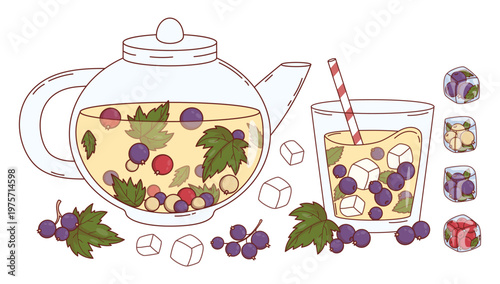 Iced Berry Tea. Set with Glass Teapot and Cup Featuring Red, Black and White Currant with Ice Cubes. Vector Illustration