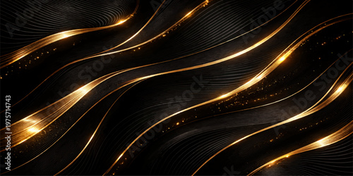 Abstract golden and blue background with glowing light lines and smooth flowing silk waves in a liquid motion vector design