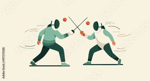 Two fencers engaged in a dynamic fencing duel match illustration