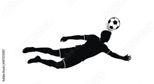 A silhouetted soccer player performs a dynamic header in mid air