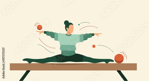 Female gymnast performing a split on balance beam with balls