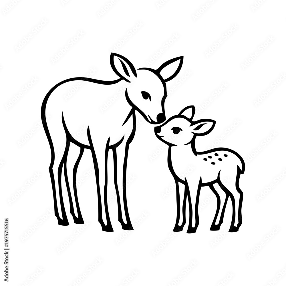 Fototapeta premium Dibujo minimalista con líneas de una cierva de pie besando a su cervatillo. Concepto de amor maternal