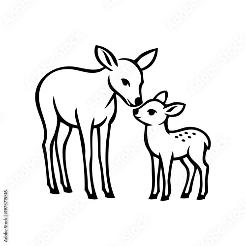 Dibujo minimalista con líneas de una cierva de pie besando a su cervatillo. Concepto de amor maternal