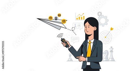 Businesswoman Launching New Project Strategy with Paper Plane