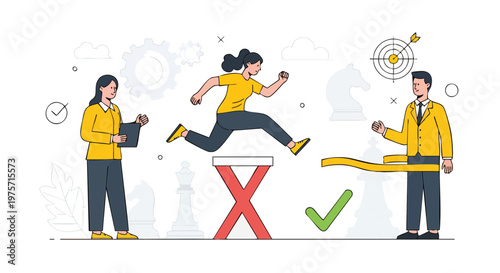 Businesswoman jumping over a hurdle to reach a goal and success