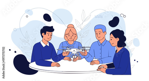 Team of engineers collaborating on drone product design illustration