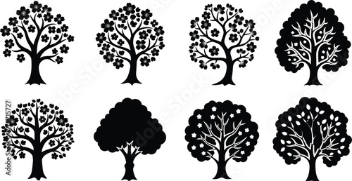 Stylized tree silhouettes, artistic tree icons, floral tree patterns, black botanical design, diverse nature shapes, seasonal forest art, abstract tree illustration