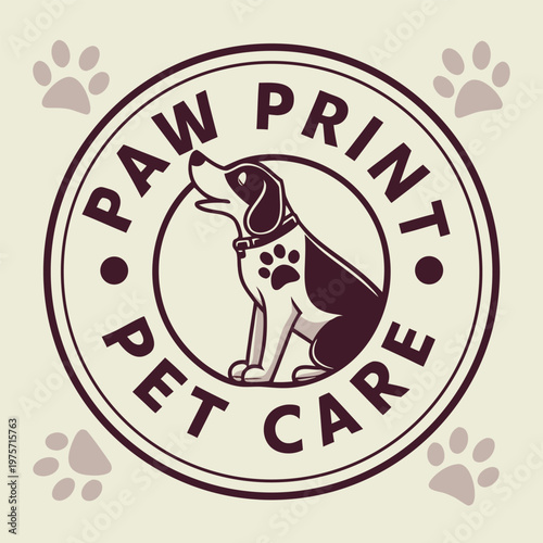 Paw print pet care circular logo design featuring a dog silhouette, veterinary