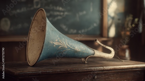 Vintage Blue Glitter Cone Party Horn With White Accents Sitting On A Glitter Covered Surface With A Chalkboard In The Background Softly Lit