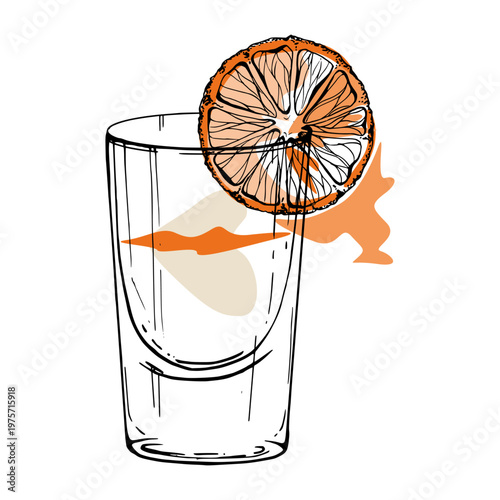 Flatliner cocktail glass in vector glow with warm orange shades, fiery tabasco sauce line, clear spirits like vodka, tequila, gin. Isolated ink artwork hand drawn for modern poster set, recipe design.