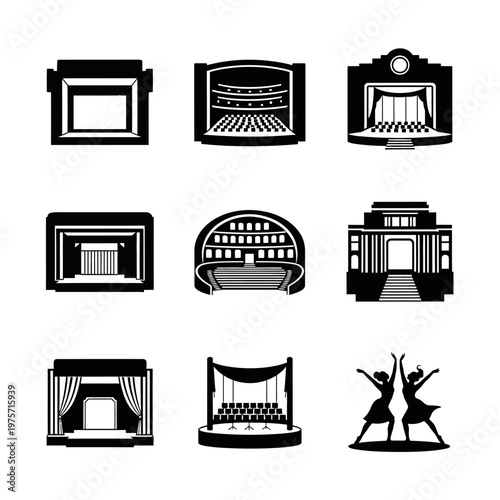 Black and white theater icons set, 9 vector theater stage and performance elements, classic drama and opera house symbols for entertainment design