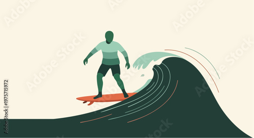 Minimalist vector illustration of a surfer riding a large ocean wave