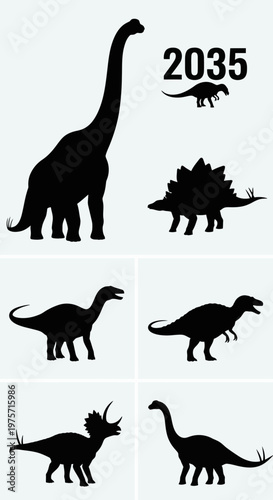 Dinosaur silhouette collection with 2035 text, prehistoric animal vector set, black jurassic creature icons, brachiosaurus and triceratops shapes