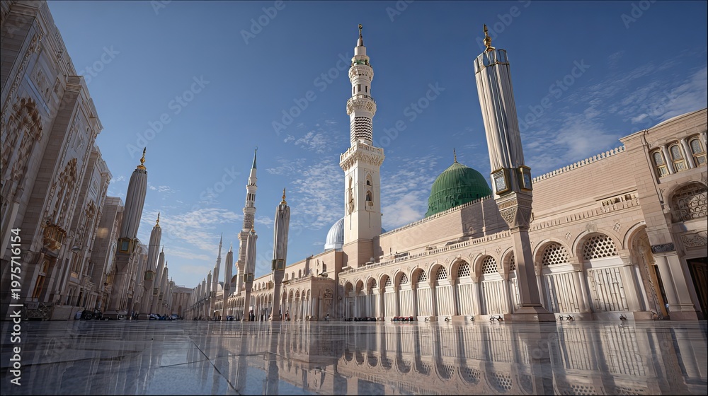Fototapeta premium Medina's Nabawi Mosque has a tall tower.