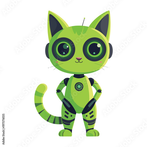 Digital Robotic Cat Pet Vector Mascot With Tech Goggles Isolated