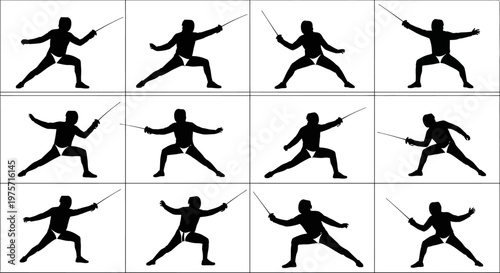 Fencing athlete silhouettes set, 12 fencer vector icons in action poses, professional swordsman combat sport silhouettes for athletic competition branding