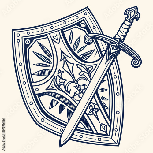 Decorative medieval shield with ornate patterns and cross sword, medieval