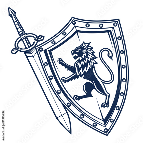 Medieval shield with lion crest and sword heraldic emblem illustration, medieval