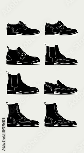 Classic men's footwear collection, 8 black leather shoe icons, formal dress shoes and boots silhouettes, elegant footwear vector set for fashion retail