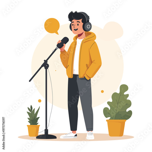 Cute Vector Podcaster Character Speaking Into Microphone With Headphones Isolated On White Background