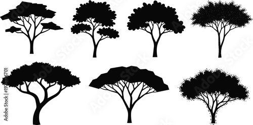 Tree silhouette set, diverse tree shapes, black botanical icons, seasonal forest art, abstract canopy design, nature illustration pack, landscape tree symbols