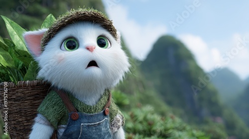 Whimsical White Cat Wearing a Straw Hat and Overalls Carries a Basket of Greenery While Looking Up in Awe Amidst Lush Green Mountains Under Soft Daylight
