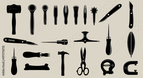 Leatherworking tools silhouette collection, professional leather craft equipment set, vintage cobbler and saddlery hand tools, black vector icons