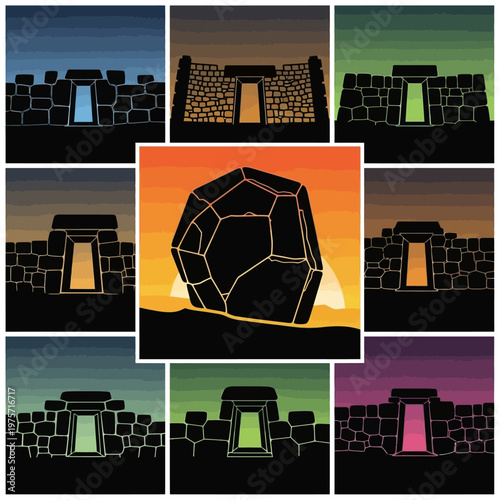 Ancient megalithic stone monuments at sunset, prehistoric stone temple ruins with glowing portals, archaeological site vector illustration set