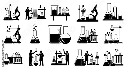 Science laboratory icon set, chemistry glassware and microscope vector illustrations, 15 black silhouette lab equipment icons for research