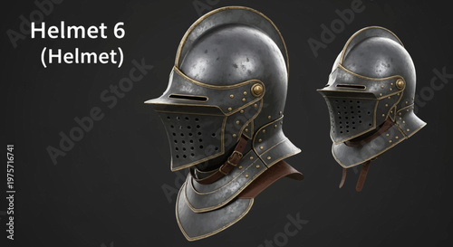 Medieval knight helmet 6 with visor, realistic steel armor headgear with gold trim, historical warrior protective gear for gaming and museum displays