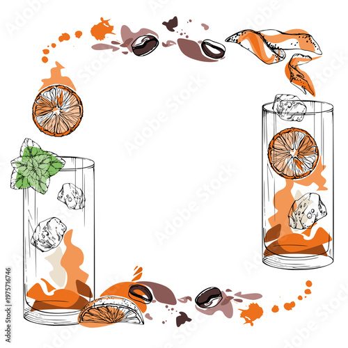 Frame of garnished highball Long Island iced tea, juice cocktails in mixed orange tones. Coffee beans, citrus peel, mint leaves. Hand drawn in ink for lifestyle layouts, bar catalog, recipe borders