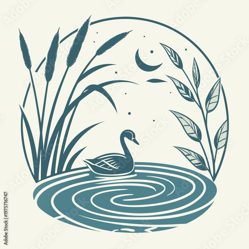 Circular illustration of a swan swimming in a pond under a crescent moon
