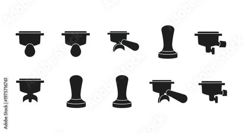 Professional espresso portafilter and coffee tamper icon set, 10 black silhouette barista tools, espresso machine accessories for cafe branding