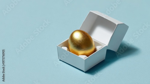 A Sparkling Golden Egg Rests Inside an Open White Gift Box on a Textured Blue Background with Subtle Glitter Details Providing a Sense of Surprise and Luxury