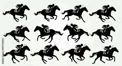 Horse racing silhouette set with 12 equestrian icons, galloping racehorse and jockey vector collection, competitive derby sports graphics