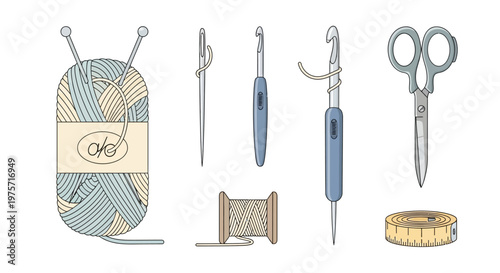 A colorful collection of knitting and crochet tools on white background