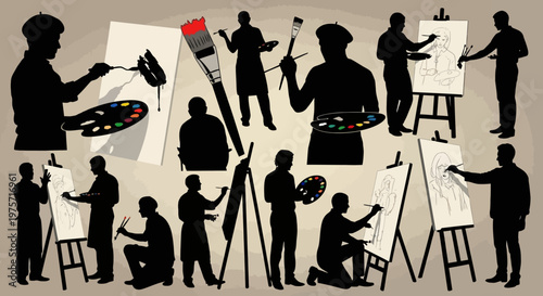 Artist silhouette vector set, painters with easels and palettes, creative people drawing on canvas, professional fine art studio collection