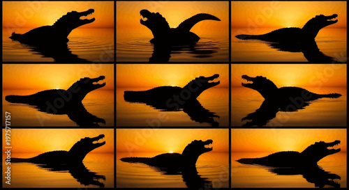 Crocodile silhouette vector set, alligator silhouettes in water at sunset, collection of 9 reptile icons, wild animal swamp landscape illustrations