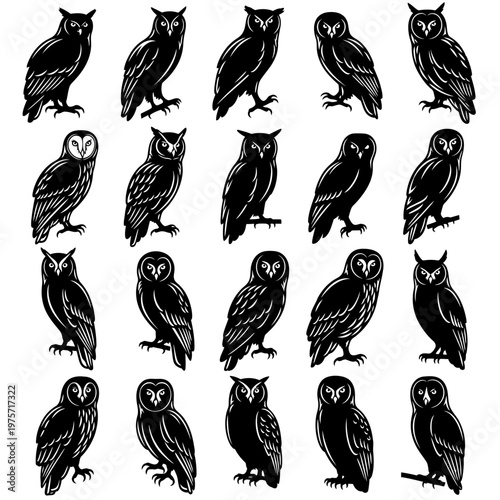 Vintage owl silhouette collection, 20 black bird vector icons, linocut style owl illustrations, mystical nocturnal animal graphics for branding