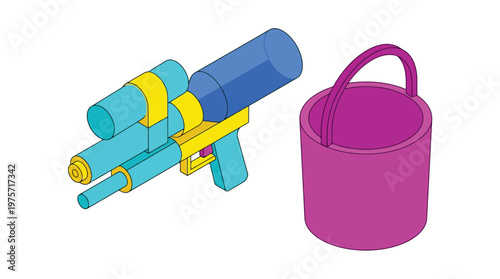 Colorful toy water gun and bucket.
