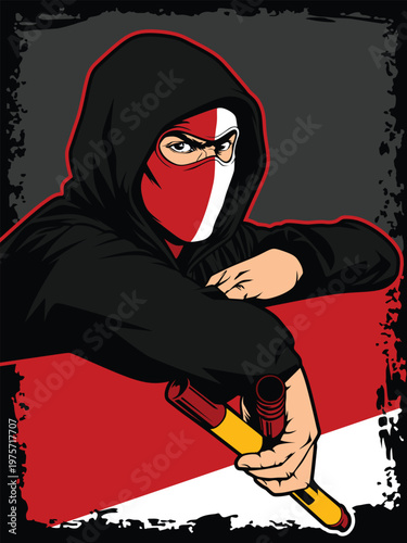 ultras vector casual football fans holding red flare pyro sticker flag logo design