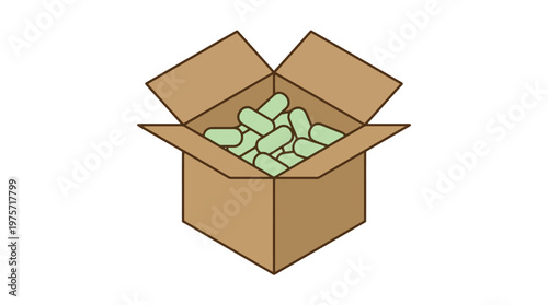 Open cardboard box with green pills.