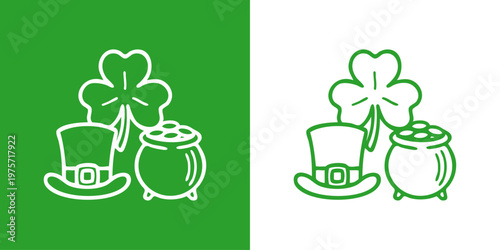Día de San Patricio. Logo con dibujo con líneas de sombrero de leprechaun, trébol de tres hojas y olla con monedas de oro para felicitaciones y tarjetas